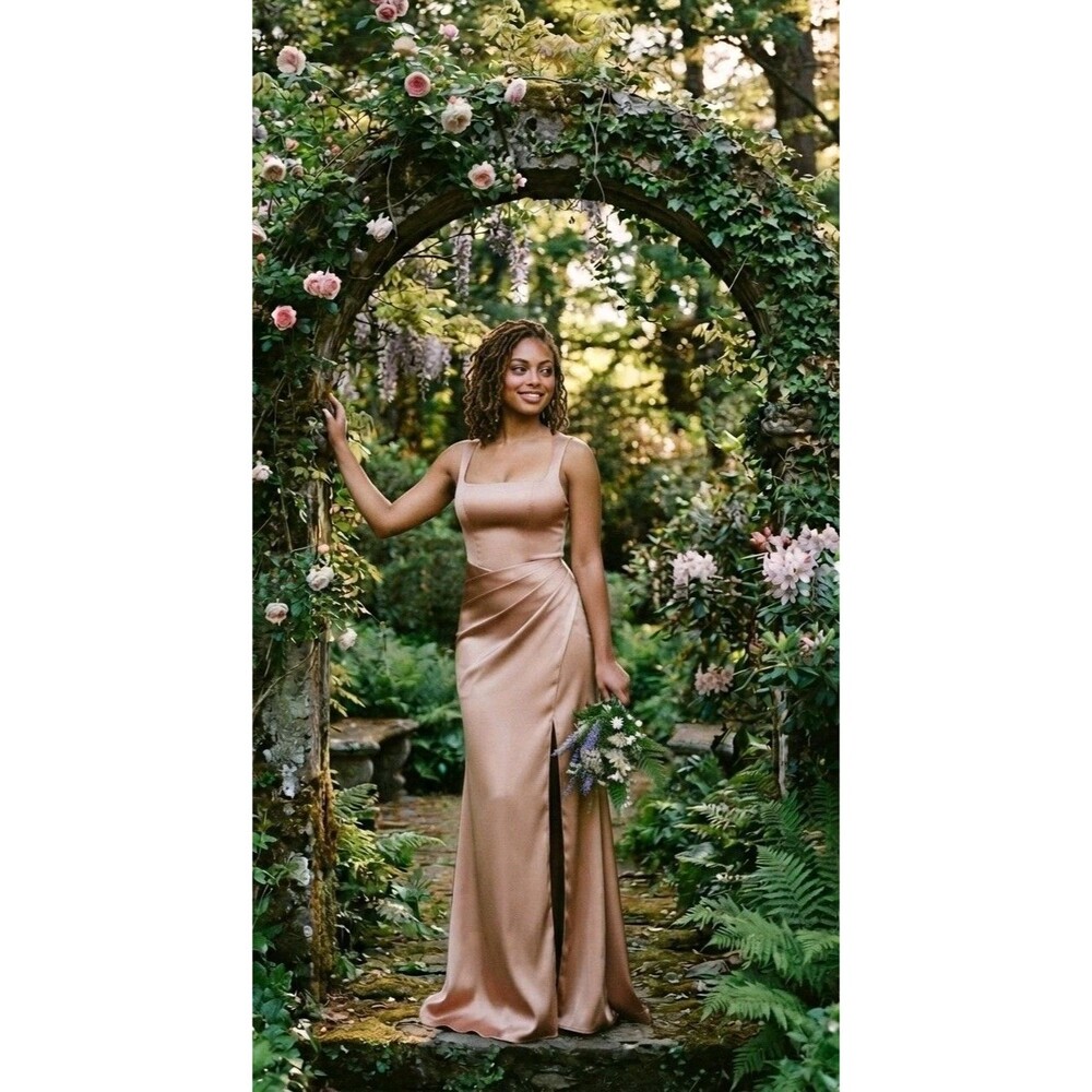 Azazie Size 10 A10 Champagne Gown Bridesmaid Wedding Evening Long High Slit